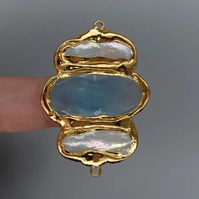 Pendentif en Jade bleu perle Biwa blanc de culture