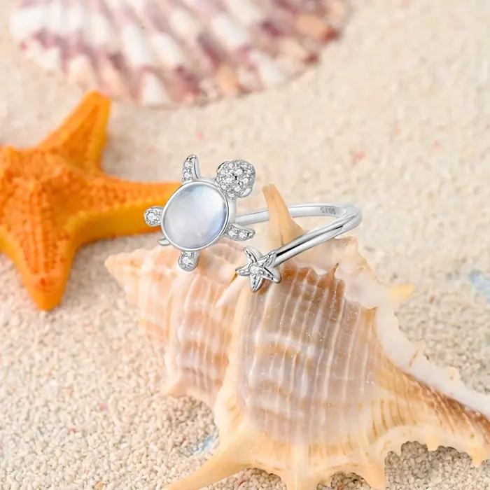 Bague originale en argent Sterling 925, tortue de mer étincelante, étoile de mer, anneaux ouverts pour femmes et filles, bijoux cadeaux d'anniversaire