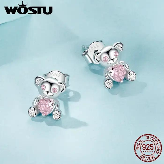 WOSTU 925 en argent Sterling belles boucles d'oreilles Panda avec coeur vert cristal ours rose boucle d'oreille de fête fille anniversaire bijoux cadeau