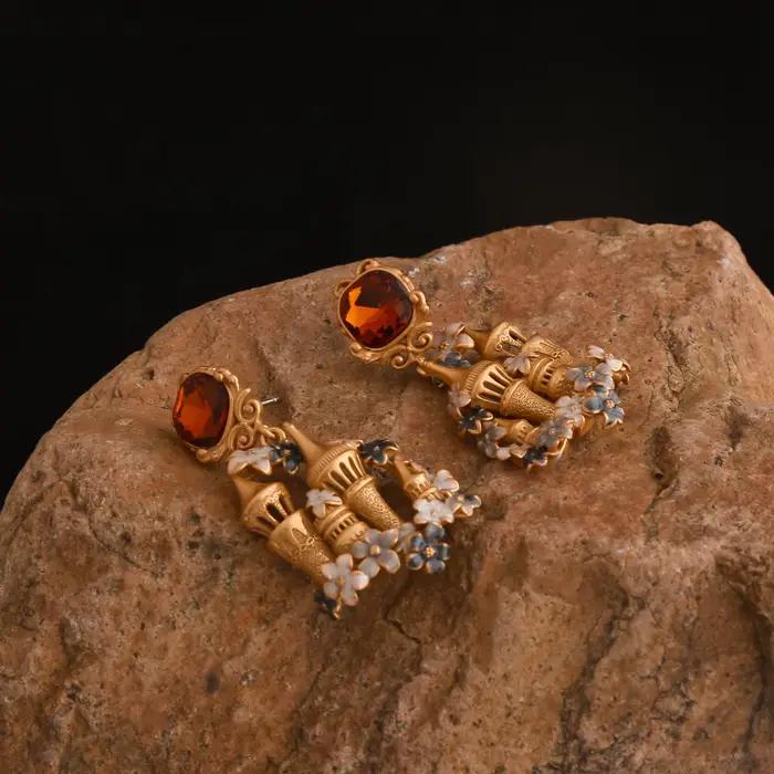 Boucle d'Oreille Vintage en Émail Château d'Or, Broche en Argent 925, Agate Rouge, Cristal, Bijoux Élégants pour Femmes Occasions Spéciales