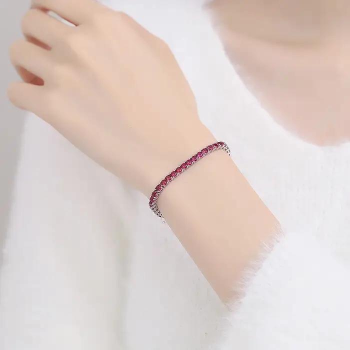 YLMyself Bracelet Tennis Argent 925 Rubis Rouge Foncé # Bijoux en zircone cubique pour femmes