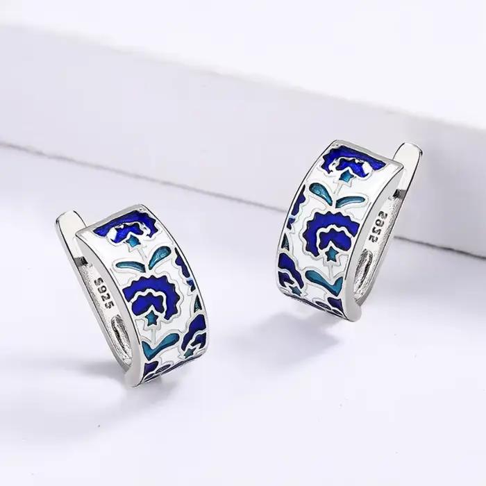 925 argent classique créatif à la main bleu émail boucles d'oreilles pour dames fleur forme