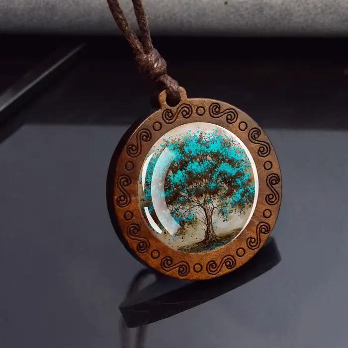 Collier en bois arbre de vie cabochon en verre pendentif ajustable pour femmes et hommes bijou vintage occasionnels