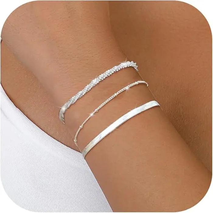 Bracelets en argent Sterling 925 réglables et empilables avec chaînes de maillons et perles pour femmes et filles pour occasions spéciales et cadeaux de fête