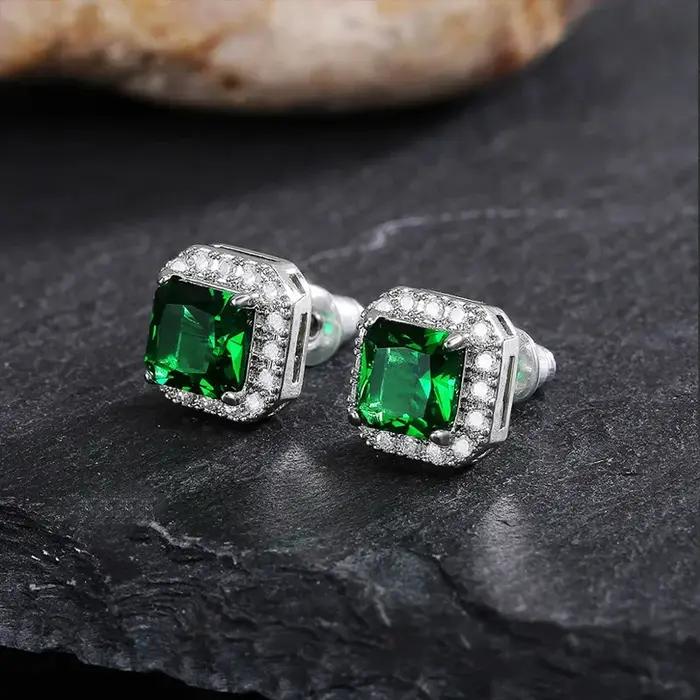Mignon carré femme émeraude cristal vert boucles d'oreilles mode 925 en argent Sterling