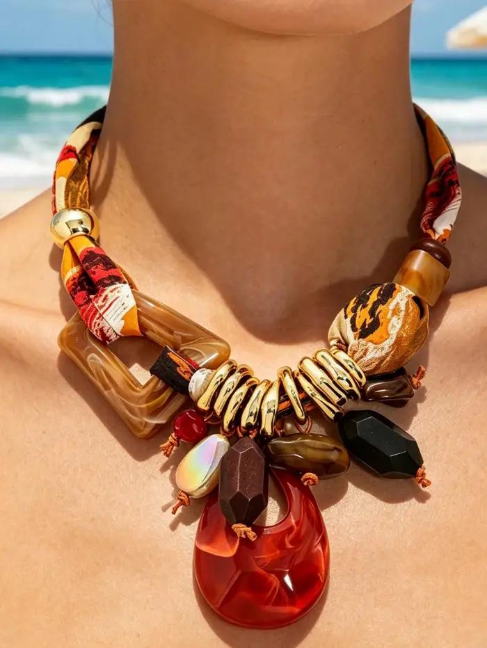 Collier ras du cou épais CUIER d'inspiration vintage, en tissu superposé et perles de pierre, avec pendentif en résine rouge, bijoux bohèmes d'été