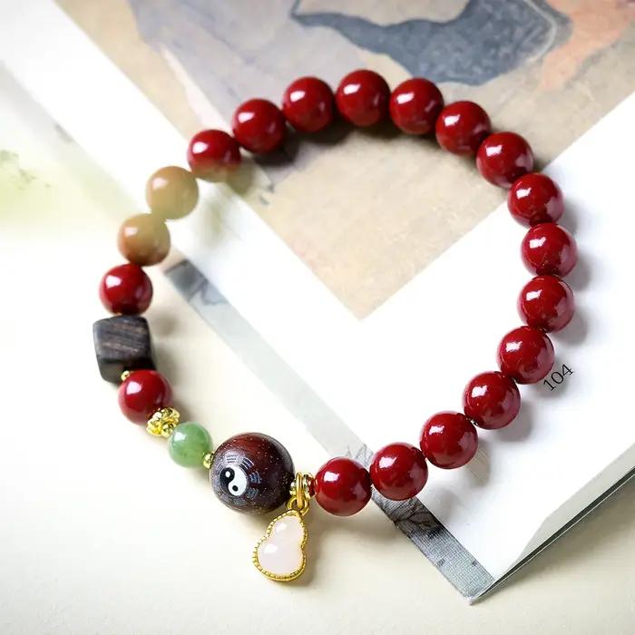 Bracelet ethnique en cinabre avec perles des Neuf Trigrammes Taoïstes et pendentif gourde pour femme, bijou de poignet, cadeau