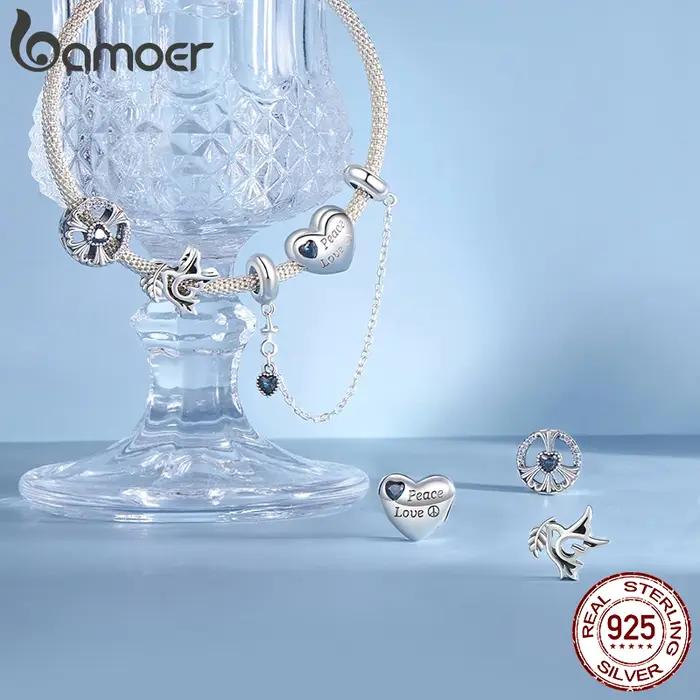 BAMOER Anti-guerre série 925 en argent Sterling colombe de la paix et amour coeur breloque à perles Bracelet Original