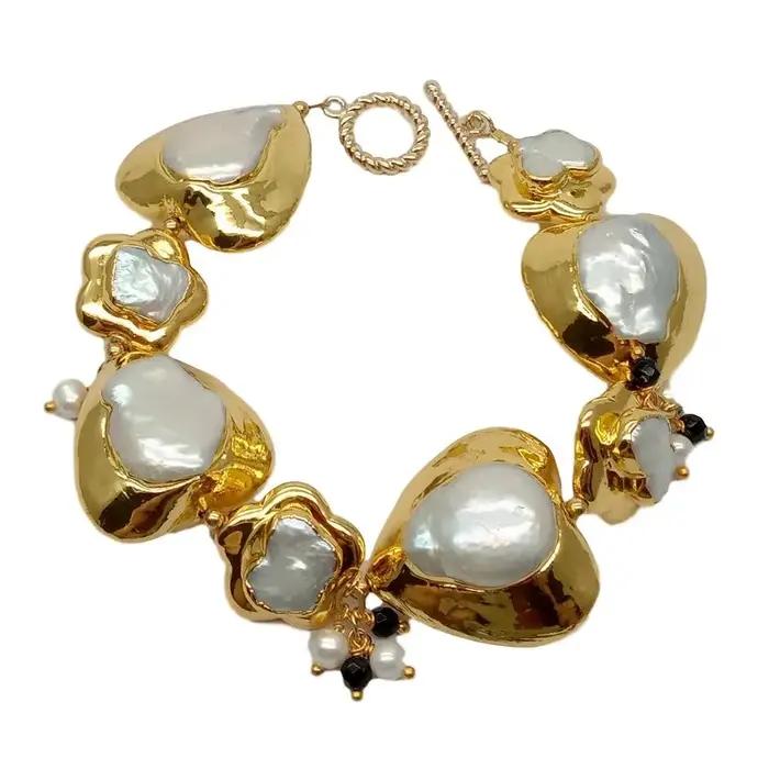 KKGEM perle Keshi blanche naturelle avec Bracelet enroulé en forme de cœur et de fleur plaqué or 9 "fermoir à bascule style de classe