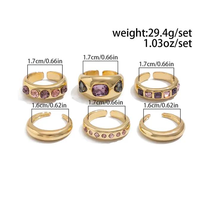 Salircon 6 pièces/ensemble incrusté de zircon violet ensemble de bagues d'ouverture réglable femmes bague de couleur or lisse pour femme bijoux quotidiens cadeau