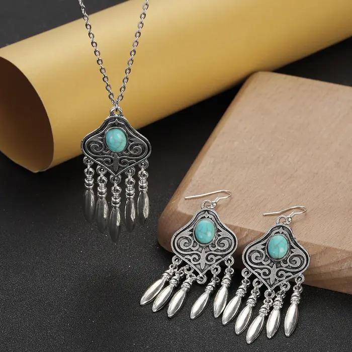 Ensemble de bijoux ethniques indiens pour femme plaqué argent boucles doreilles géométriques collier pampilles turquoises bleues occasions spéciales engagement