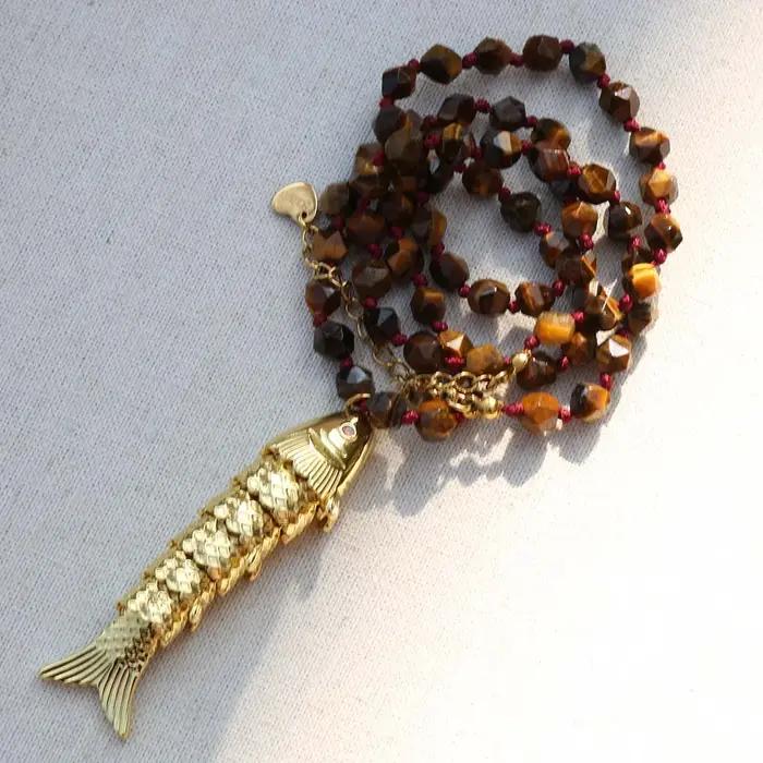 Collier avec pendentif en forme de poisson doré pour femmes, tendance, pierre d'oeil de tigre nature