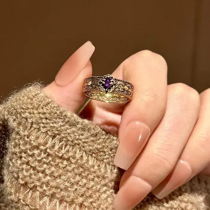 Bagues vintage en diamant violet ajouré pour femmes, noir et doré, à la mode, style hip-hop, pour ba
