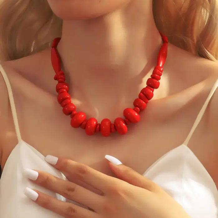 Collier de corail rouge en résine superposée à double couche de style bohème pour femmes