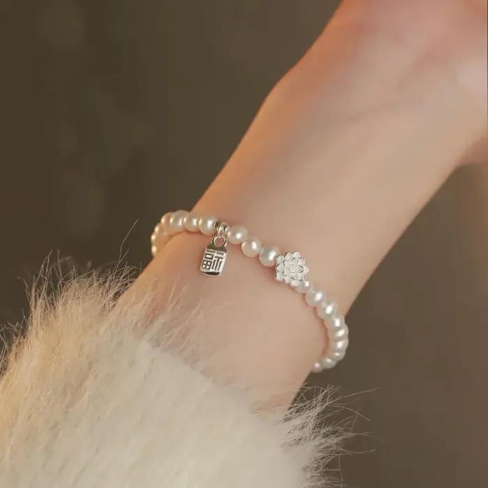 PANJBJ-Bracelet en argent regardé 925 avec perle et fleur pour femme, pendentif rétro, cadeau de bij