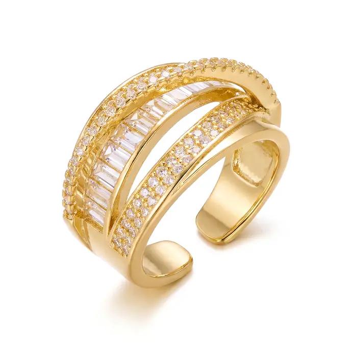 Bague classique couleur or à large ouverture pour femme, zircone brillante de luxe, ajustable, bijou de fiançailles et de mariage, cadeau