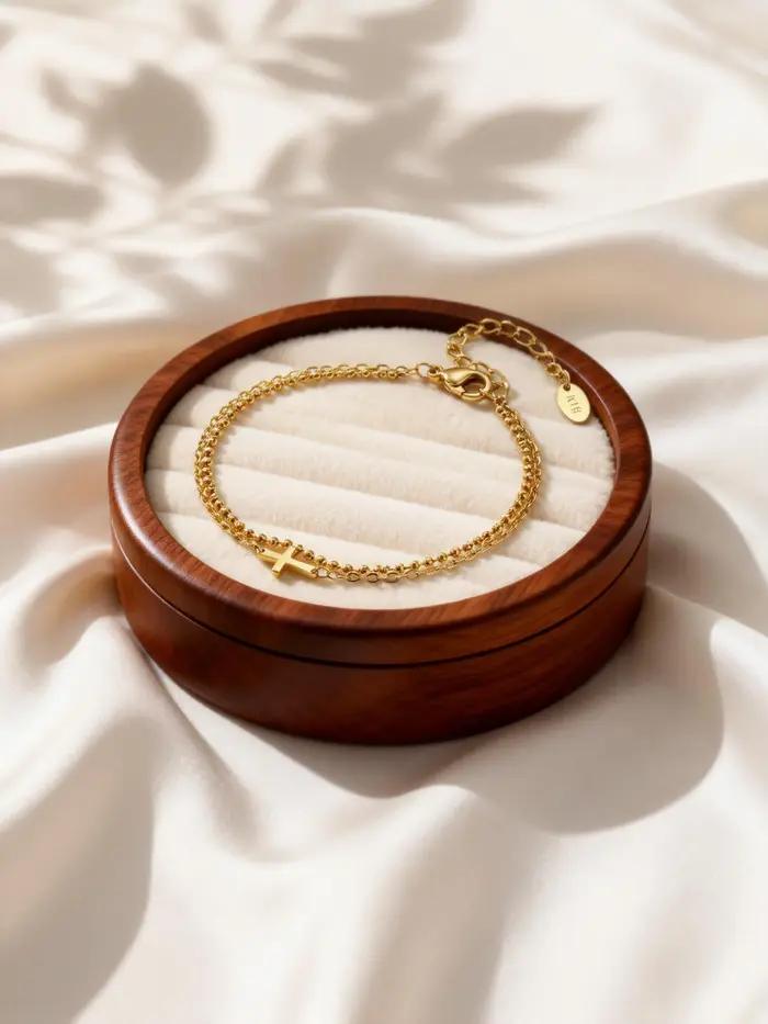 Bracelet croix double couche en acier inoxydable pour femme, plaqué or, chaîne à maillons, bijou de