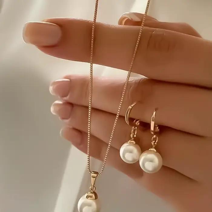 Ensemble de bijoux en perles pour femmes, boucles d'oreilles pendantes, pendentif, collier, Simple,
