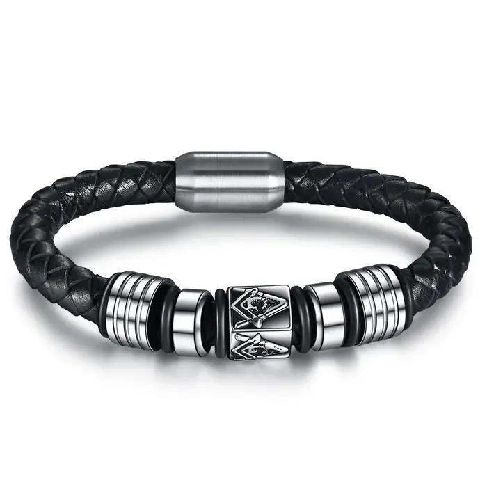 Bracelet en cuir véritable avec boucle magnétique pour homme, bijou en acier inoxydable, bracelet à breloques style décontracté pour occasions spéciales