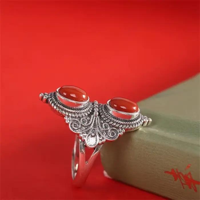 Bague en jade rouge Everoyal pour femmes style rétro élégante double perles ovales bijou pour soirées et anniversaires
