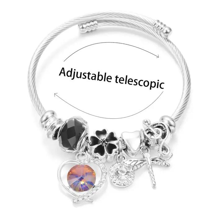 Nouveau strass à la mode libellule cristal perlé pendentif Bracelet en acier inoxydable 4 couleurs fermeture bracelets