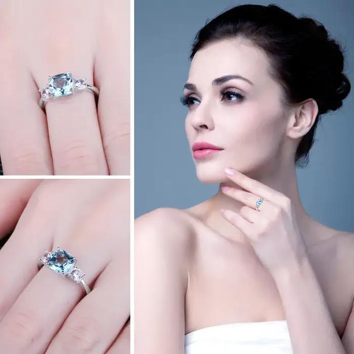1.9ct carré naturel bleu ciel topaze 925 en argent Sterling 3 bague en pierre pour les femmes pierres précieuses bijoux
