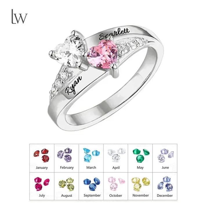 Bague Personnalisée en Pierre de Naissance et Zircone Cubique pour Mères et Grand-Mères, avec Gravure de Nom, Bijou Finition Cœur pour Femmes Occasions Spéciales