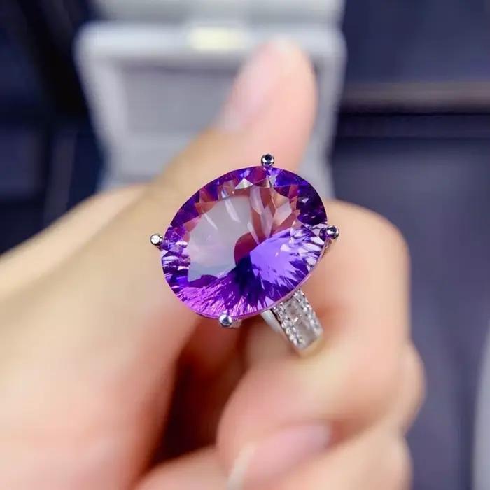 Bague Ajustable en Quartz Violet Naturel pour Femme, Perle à Facettes, Pierre Riche en Argent 925, U