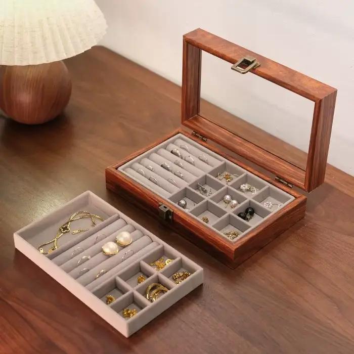 Boîte à bijoux transparente en bois, anti-oxydation, organisateur de bagues, colliers, boucles d'oreilles, grande capacité, étui de présentation pour femmes, cadeau