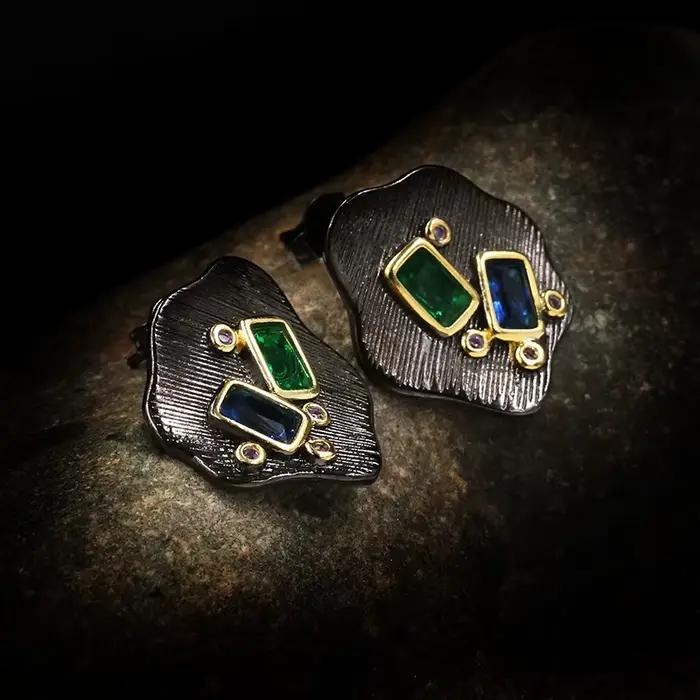 Boucles d'oreilles de luxe en argent sterling 925 avec pierres précieuses géométriques émeraudes, style rétro antique, bijoux africains, cadeau
