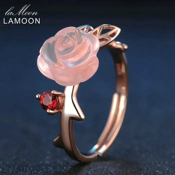 LAMOON – bague en argent Sterling 925 pour femmes, bijoux en pierre précieuse de Quartz Rose fleur,
