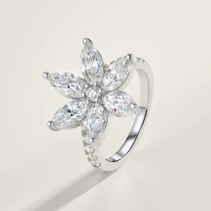 WUIHA Bague Fleur en Argent Sterling 925 avec Moissanite Véritable GRA Couleur D Taille Marquise 4 * 8 MM pour Mariage