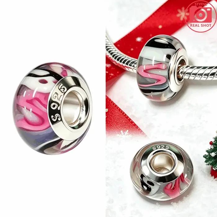 Breloque en verre de Murano en argent S925, motif floral en spirale, compatible avec bracelet DIY, c
