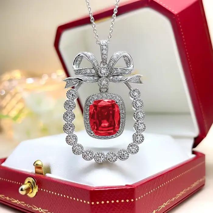 Collier nœud papillon en argent regardé 925 pour femme, saphir de laboratoire, pendentif complet de diamants, bijoux de mariage classiques, élégant