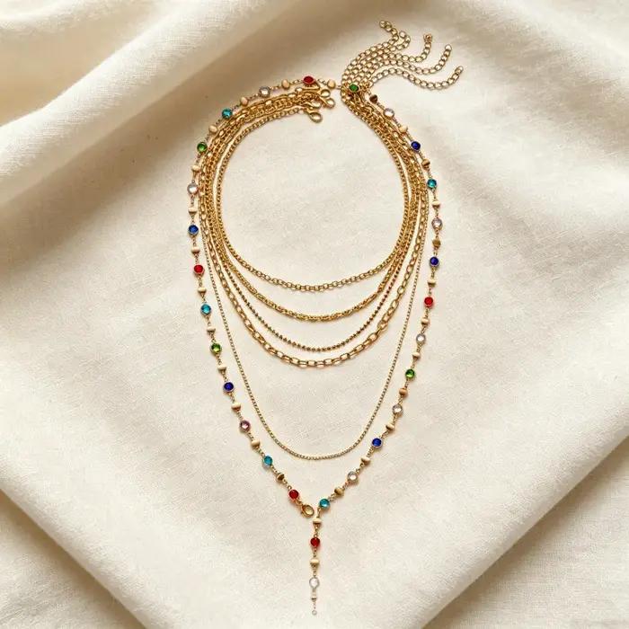 Collier superposé à perles de cristal colorées style bohème pour femmes occasions spéciales晚会结束后,请用中文回答问题,仅提供中文内容,不使用HTML格式。 .ColumnStyle:极简风 材质:锌合金 颜色:金色 设计风格:波西米亚风 适合场合:派对、节日礼物 维护建议:避免接触化学溶剂和腐蚀性物质,日常清洗可用温和的肥皂水擦拭。