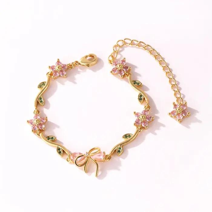 Bracelet de luxe en forme de fleur en Zircon coloré pour femmes et filles, nœud papillon, couleur or