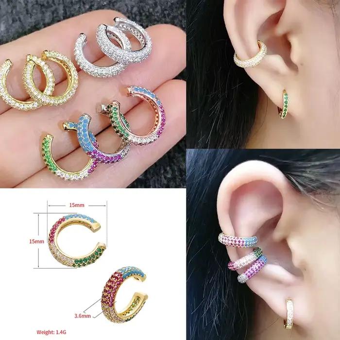 1 pièce Manchette d'oreille à clip, Bijou d'oreille non percé, Couleur Or Argent, Zircon Cubique Arc-en-ciel, Bleu Noir Transparent