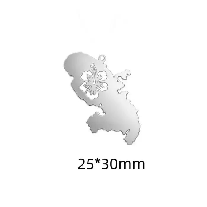 Collier Carte de la Martinique avec Fleur d'Hibiscus, Plaqué Or 18K, Acier Inoxydable, Pendentif Fle