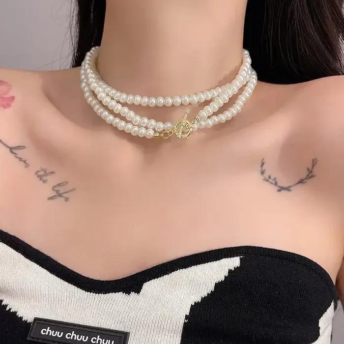Collier de perles rétro pour femmes, méthode d'usure Multiple exagérée, Long collier