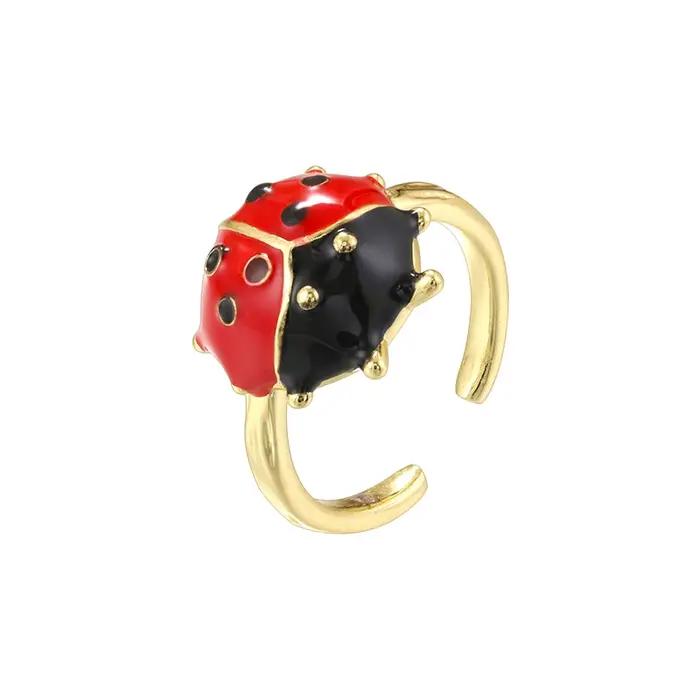 ZHUKOU rouge émail goutte à goutte anneau été frais mignon ouverture réglable insecte coccinelle dam