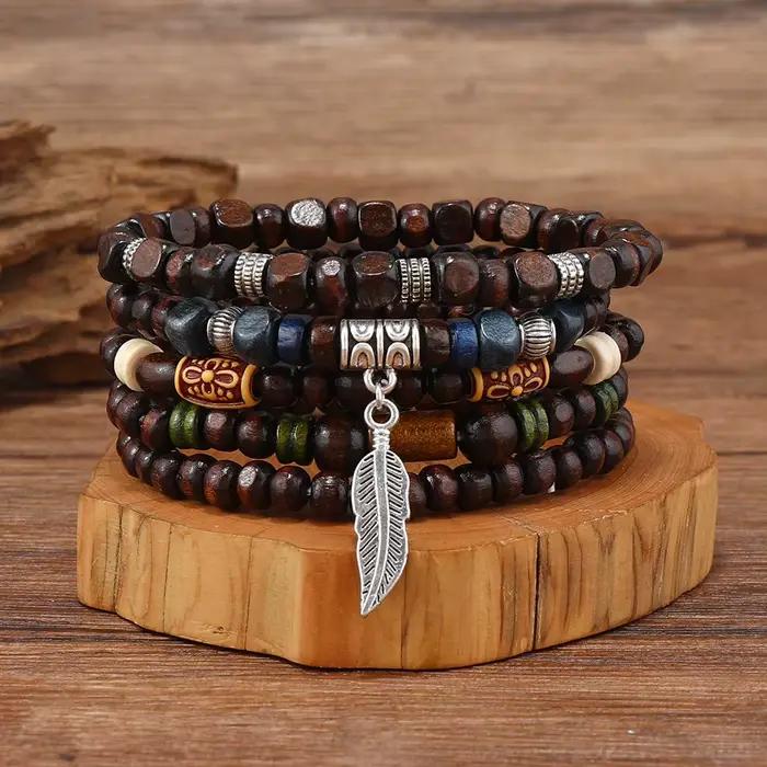 Bracelets vintage bohèmes pour hommes feuilles motifs tracker humeur bois naturel cadeaux occasions spéciales