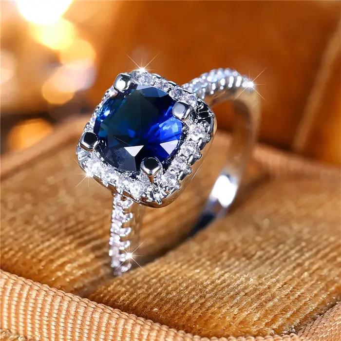 Bague de luxe en pierre de Zircon ronde bleue pour femme