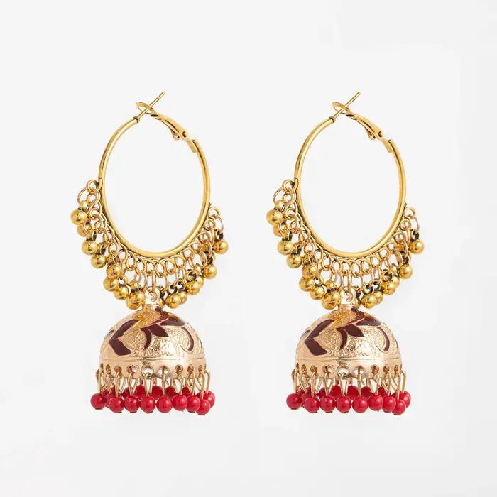 Boucles d'oreilles Jhumka grand rond couleur or pour femmes bijoux vintage ethnique émail fleur cloche bohème occasions spéciales