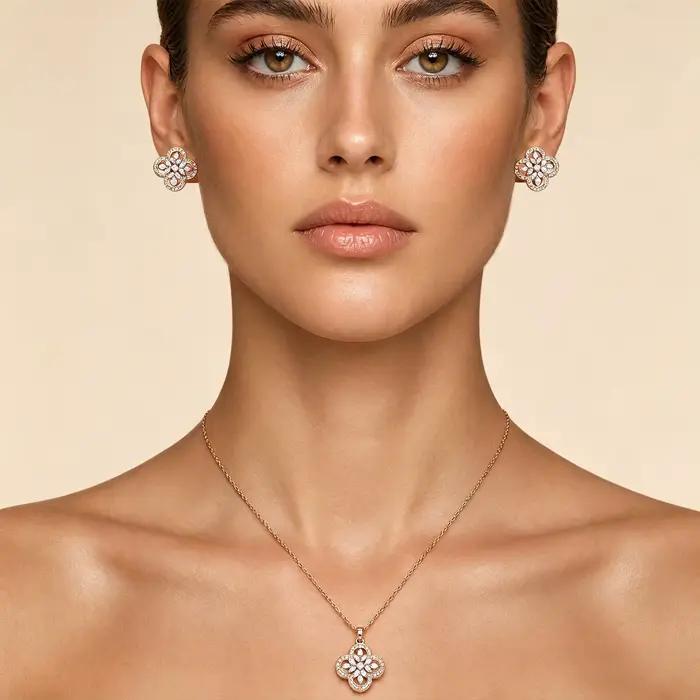 Ensemble de bijoux trèfle à quatre feuilles plaqué or rose collier et boucles d'oreilles en zircon cubique pour femme romantique et porte-bonheur