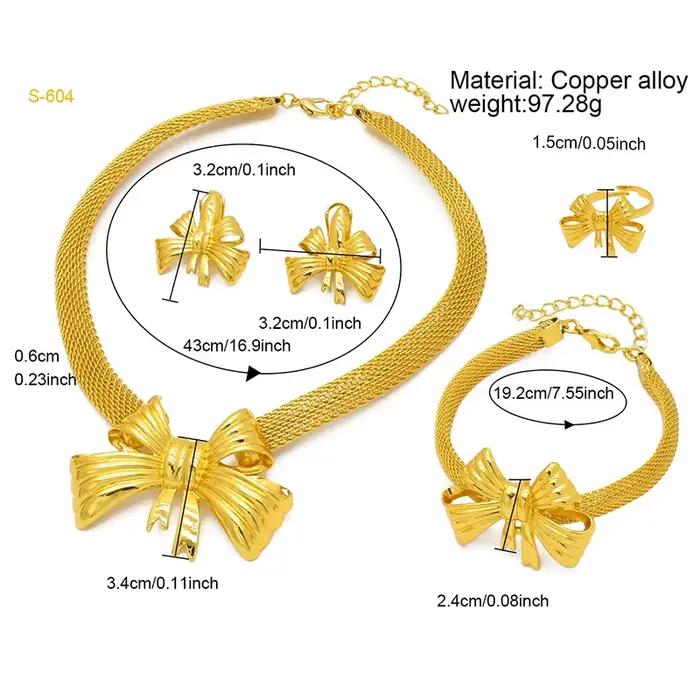 Ensemble de bijoux plaqués or pour femmes, style arabe, Dubaï, Inde, Afrique, collier et boucles d'oreilles nœud papillon, cadeau de mariage ou de fête