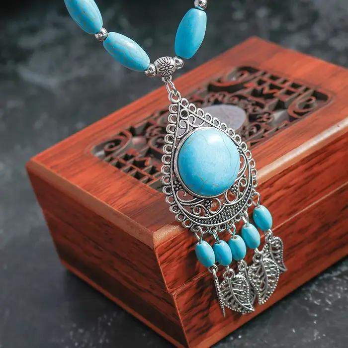 Collier en pierre turquoise naturelle pour femmes, style bohème, goutte d'eau, bijoux ethniques pour occasions spéciales et quotidienne