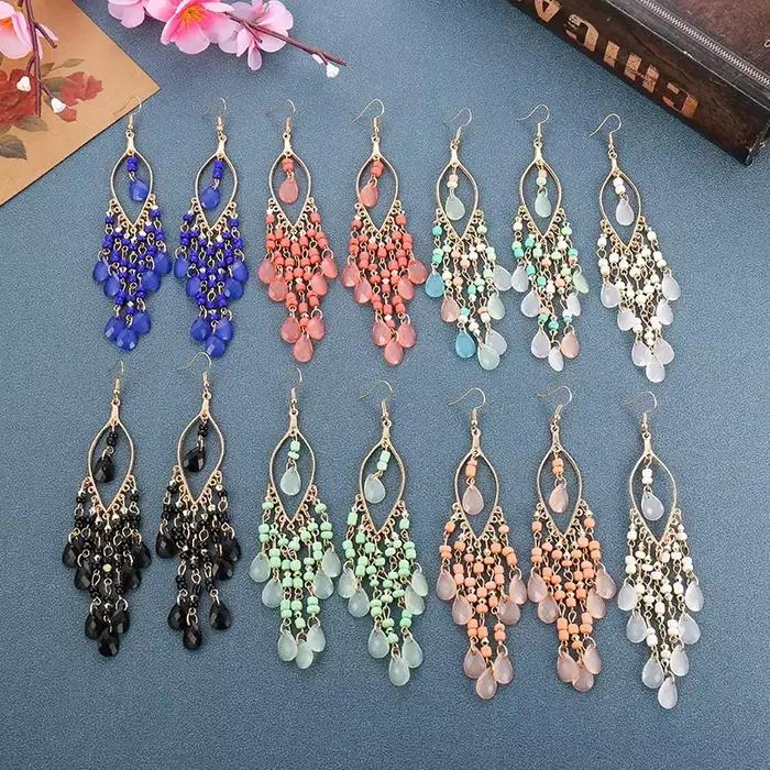 Boucles d'oreilles longues en perles de rocaille ethniques Boho pour femmes, pompon en cristal coloré, goutte d'eau, bijoux de fête à la mode pour filles