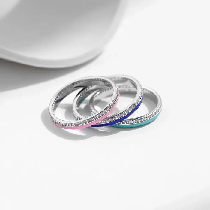 Bague en argent sterling 925 sertie de zirconium blanc et émail bleu pour femmes, bagues de fête empilables, bijoux finement travaillés, alliance de mariage pour occasions spéciales