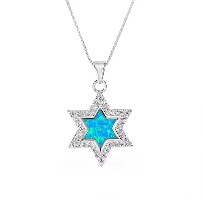Collier étoile de David, pendentif minimaliste délicat avec opale bleue et CZ, cadeau de bijoux uniq