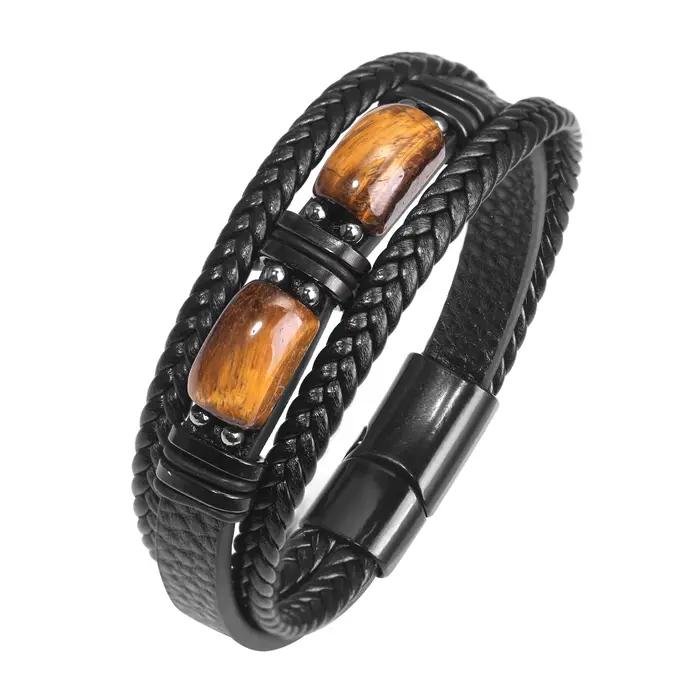 Bracelet à breloques classique pour hommes, pierre naturelle, œil de tigre, obsidienne, boucle magnétique, en cuir, bijoux cadeau pour hommes